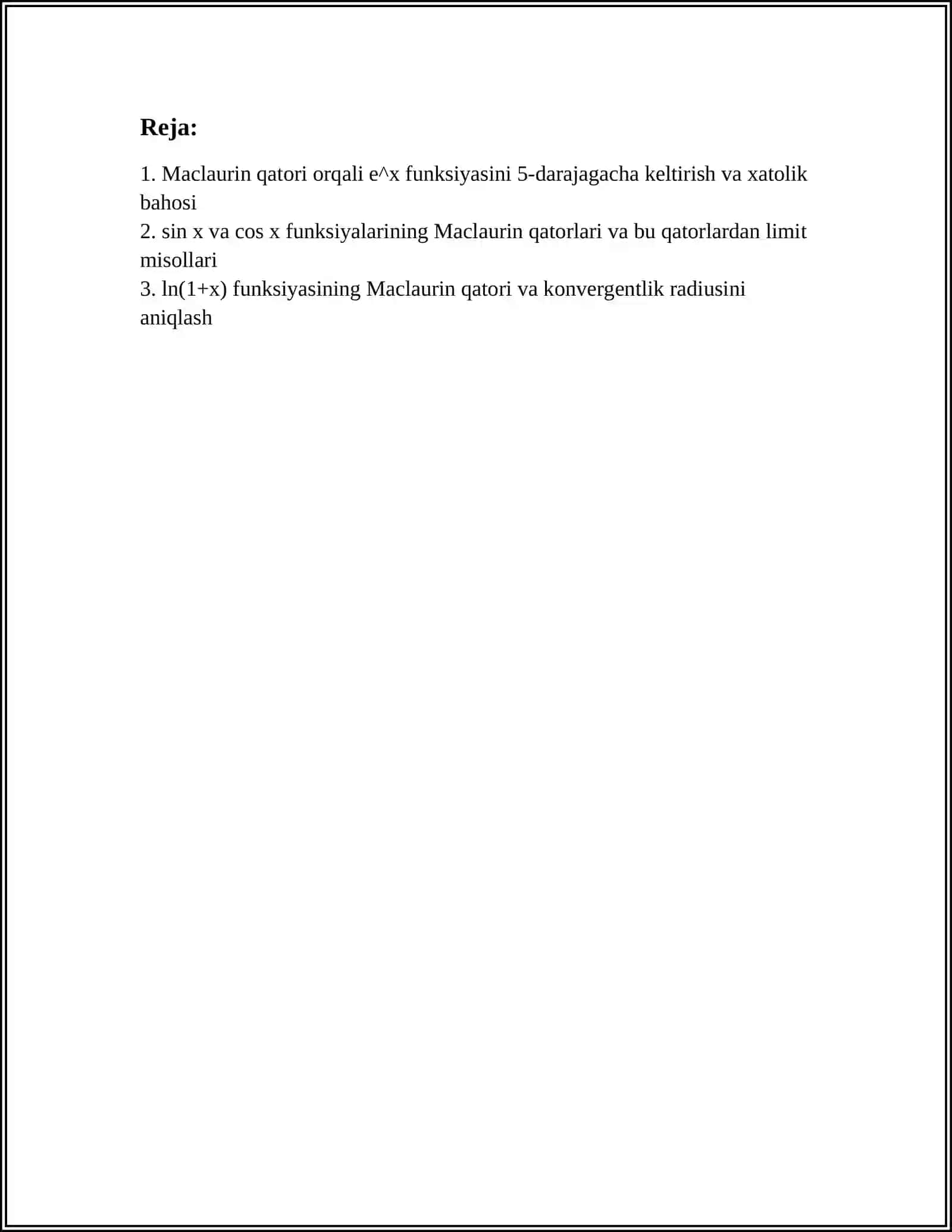 Maclaurin Qatorlar va Misollar 2