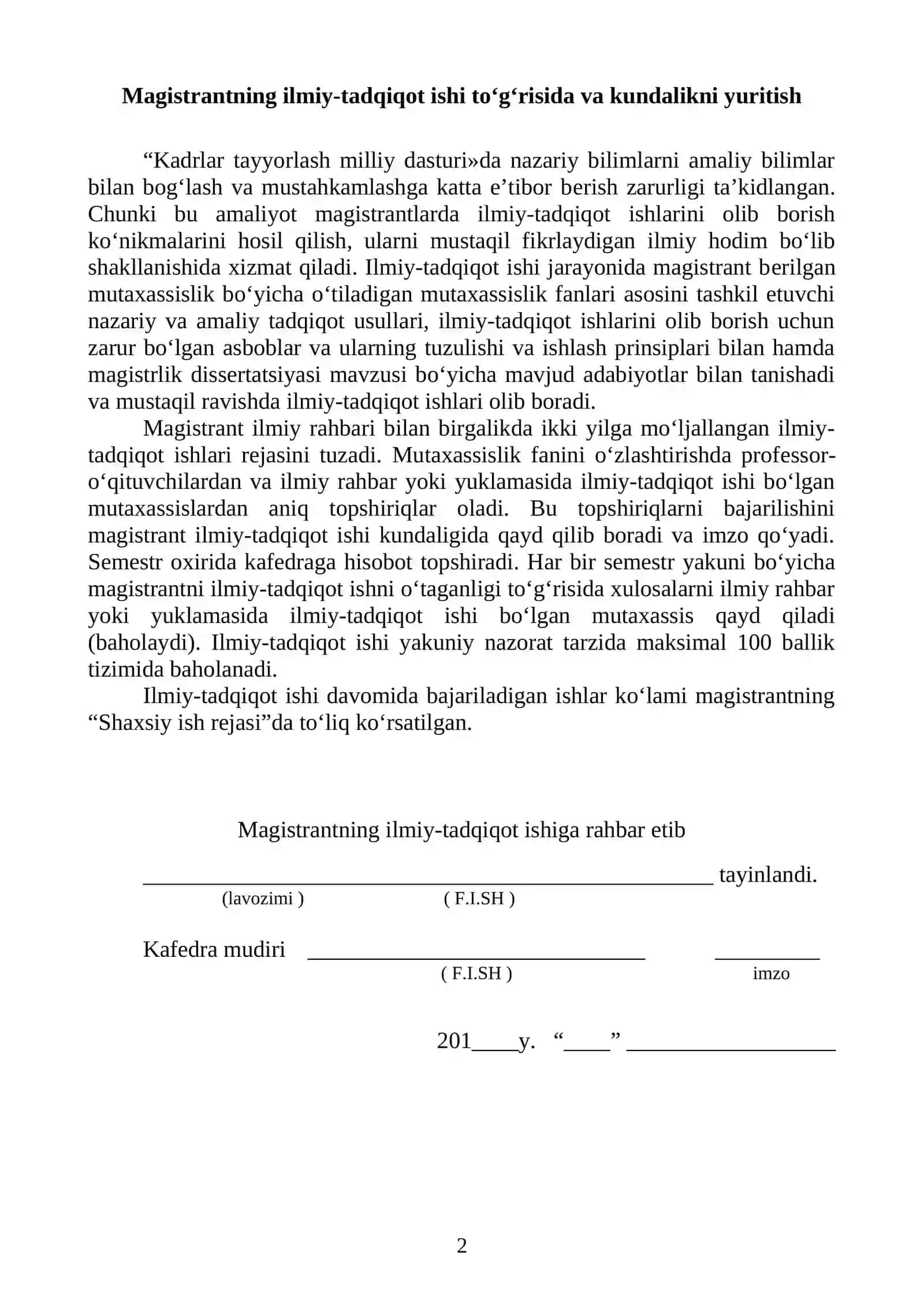 ILMIY-TADQIQOT ISHI VA MAGISTRLIK DISSERTATSIYASINI TAYYORLASH, MALAKAVIY AMALIYOT Kundaligi 2