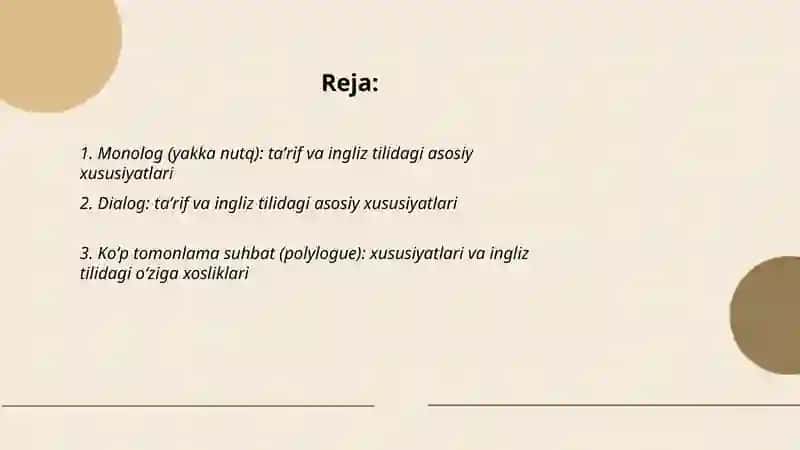 Nutq turlari va ularning asosiy o‘ziga xos xususiyatlari ingliz tili 2