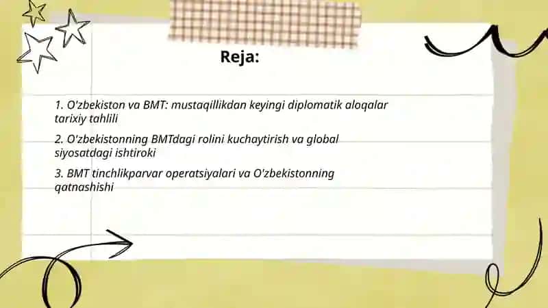 O'zbekiston Respublikasining BMT, YEXHT, MDH, SHHT kabi xalqaro tashkilotlar bilan aloqalari 2