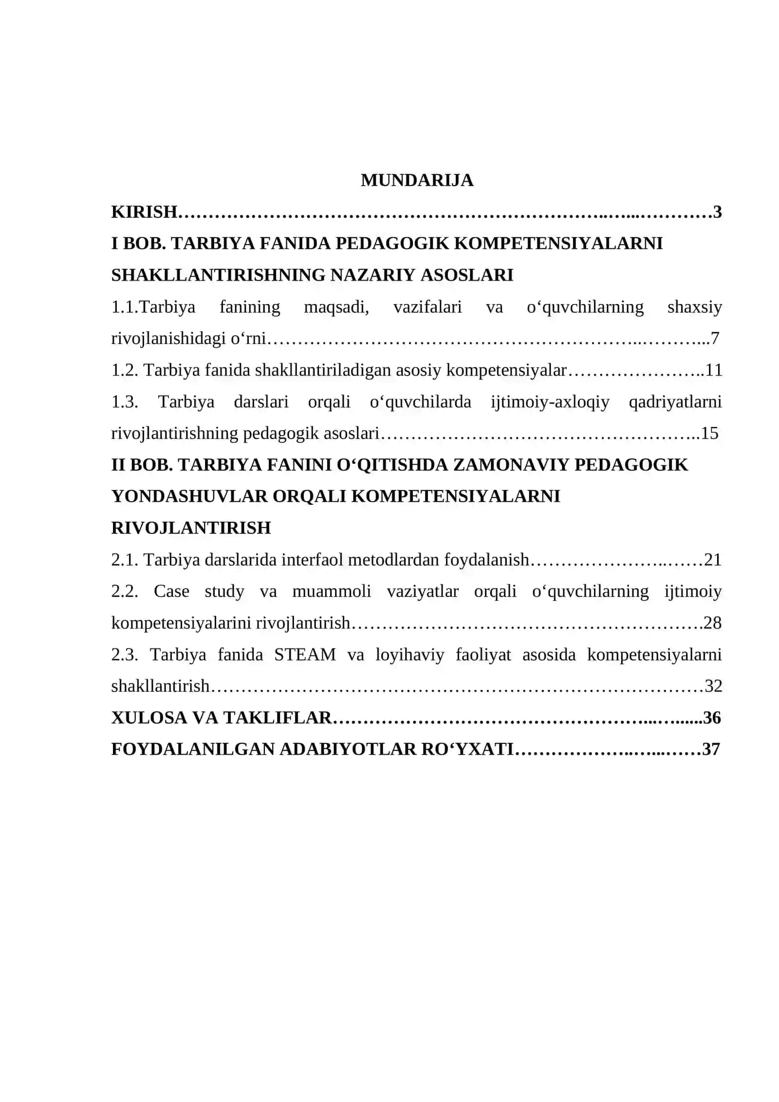 Tarbiya fanida zamonaviy pedagogik kompetensiyalarni rivojlantirish kurs ishi 2