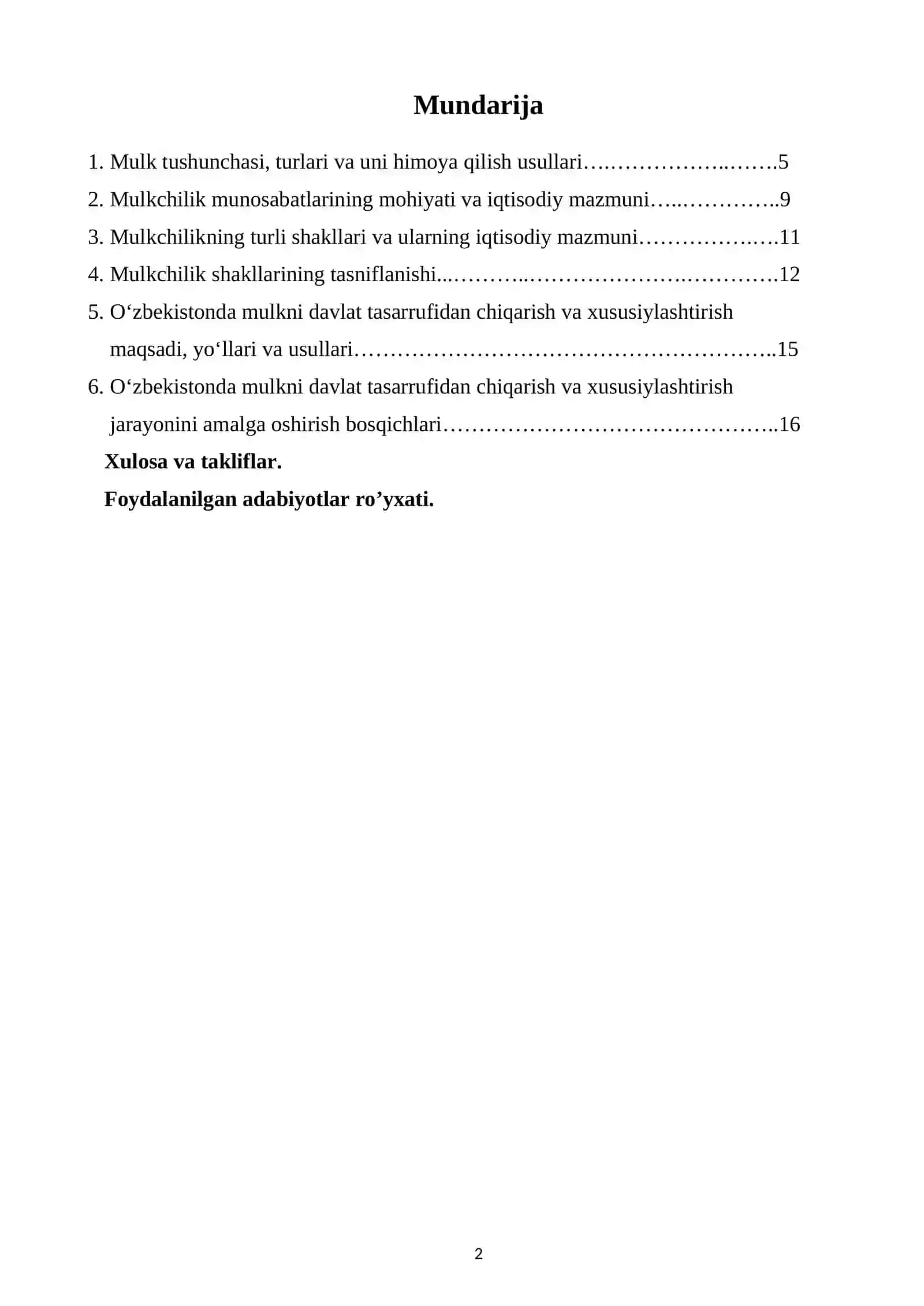 Mulkchilik munosabatlari va xususilashtirish jorayanining joriy tendensalari. 2