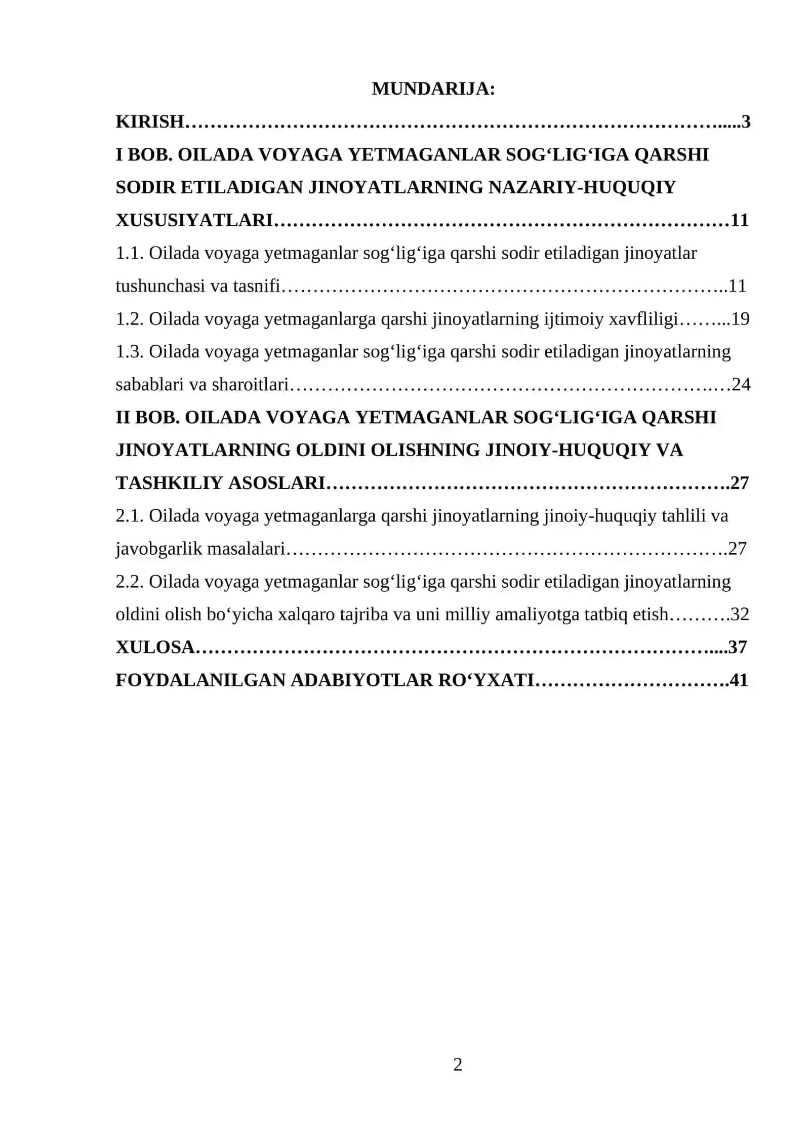 Oilada voyaga yetmaganlarning sog‘lig‘iga qarshi sodir etiladigan jinoyatlarning oldini olish mavzusida tayyor kurs ishi 2
