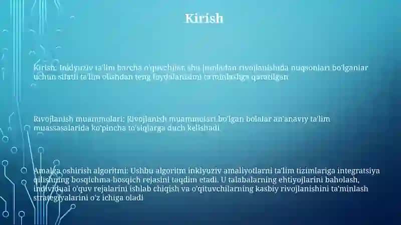 Rivojlanish Muammolari BoʻLgan Bolalar Uchun Inklyuziv TaʼLimni Keng TaʼLimiy Amaliyotiga Joriy Etish Algiritmlari 2