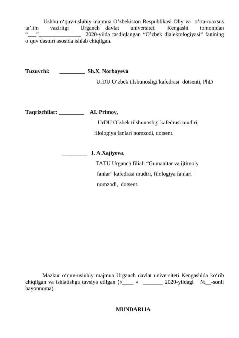 OʻZBEK DIALEKTOLOGIYASI FANIDAN OʻQUV- USLUBIY MAJMUA 2