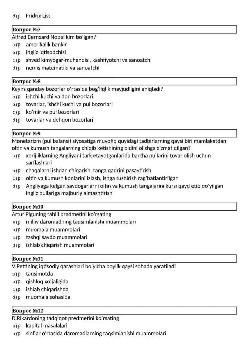 Iqtisodiyot fanidan test savollari 2