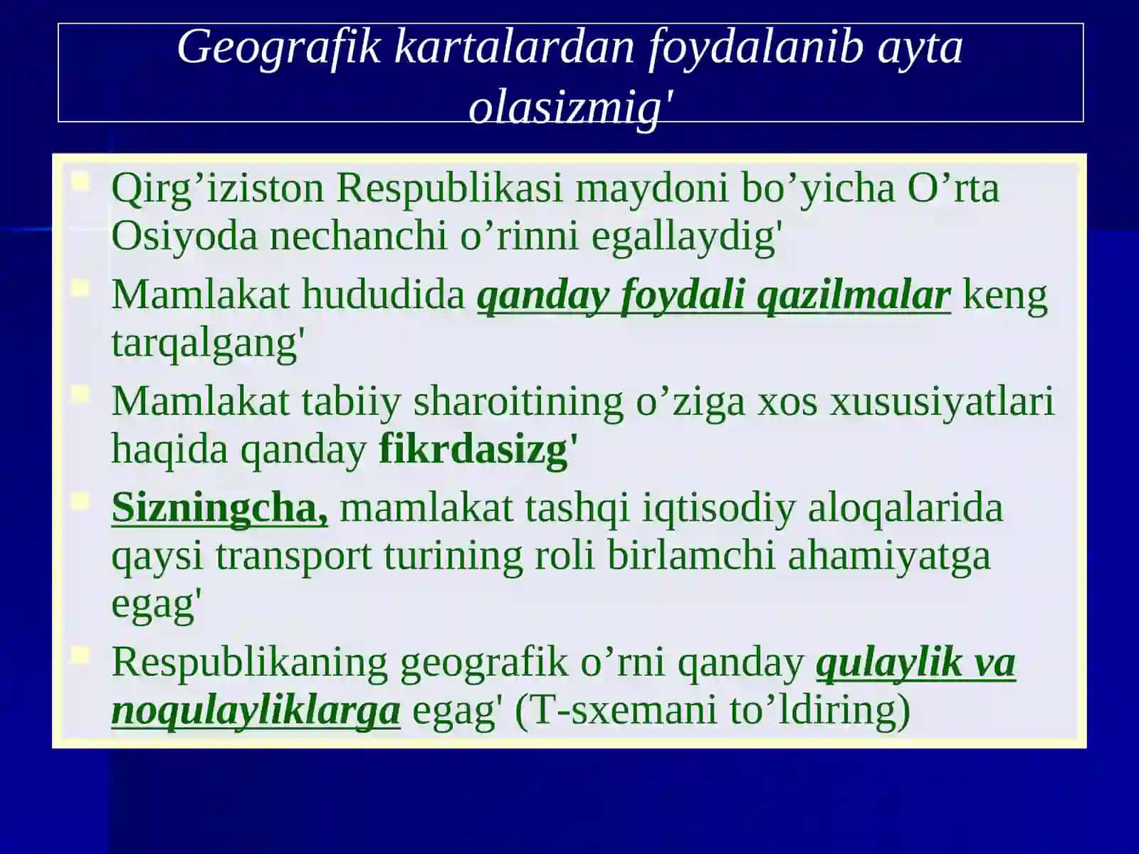 Qirg‘iziston Respublikasining geografik o‘rni, tabiiy resurslari, aholisi va xo‘jaligi 2