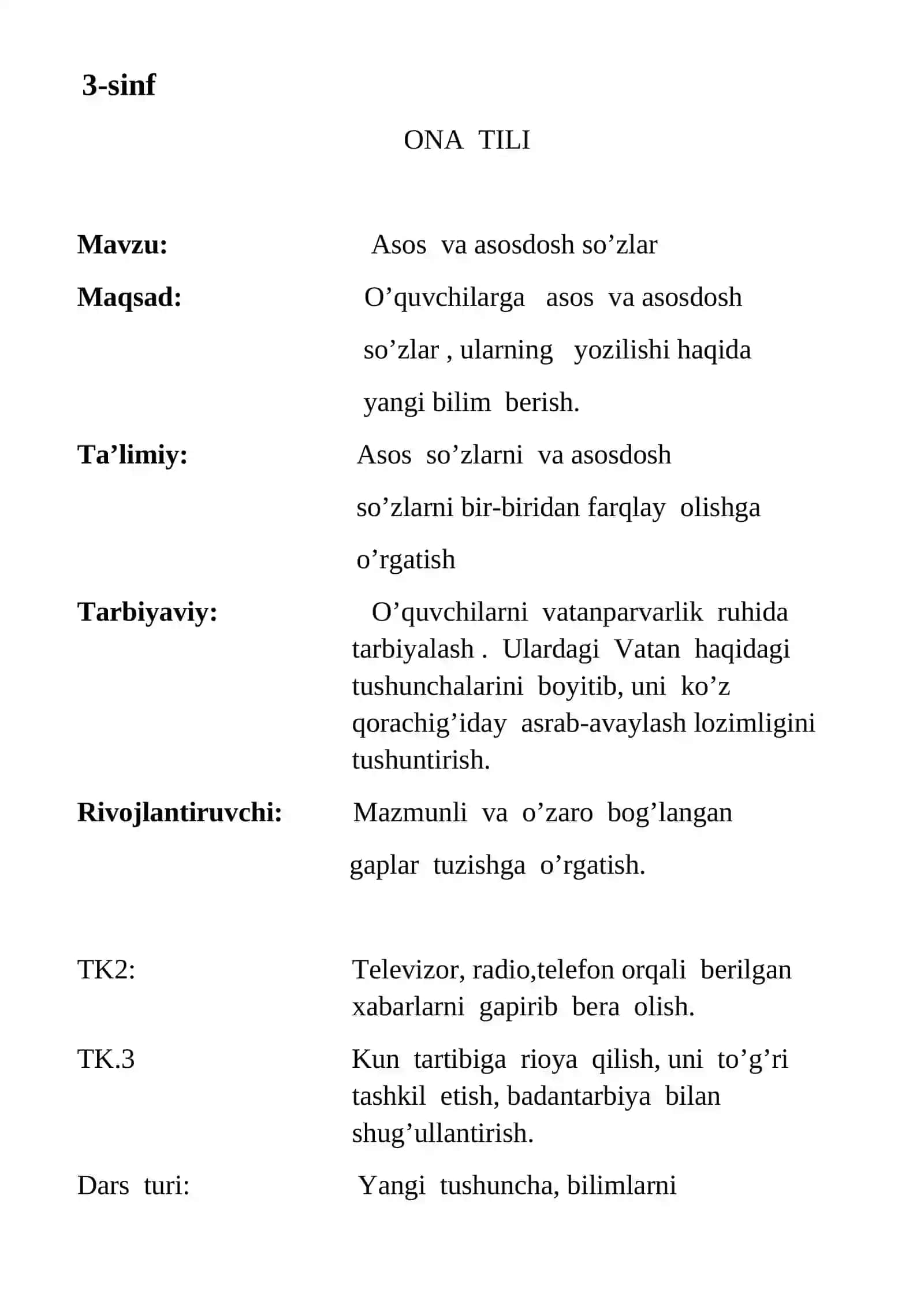 3-sinf Ona tili dars ishlanma. Asos va asosdosh so'zlar 2