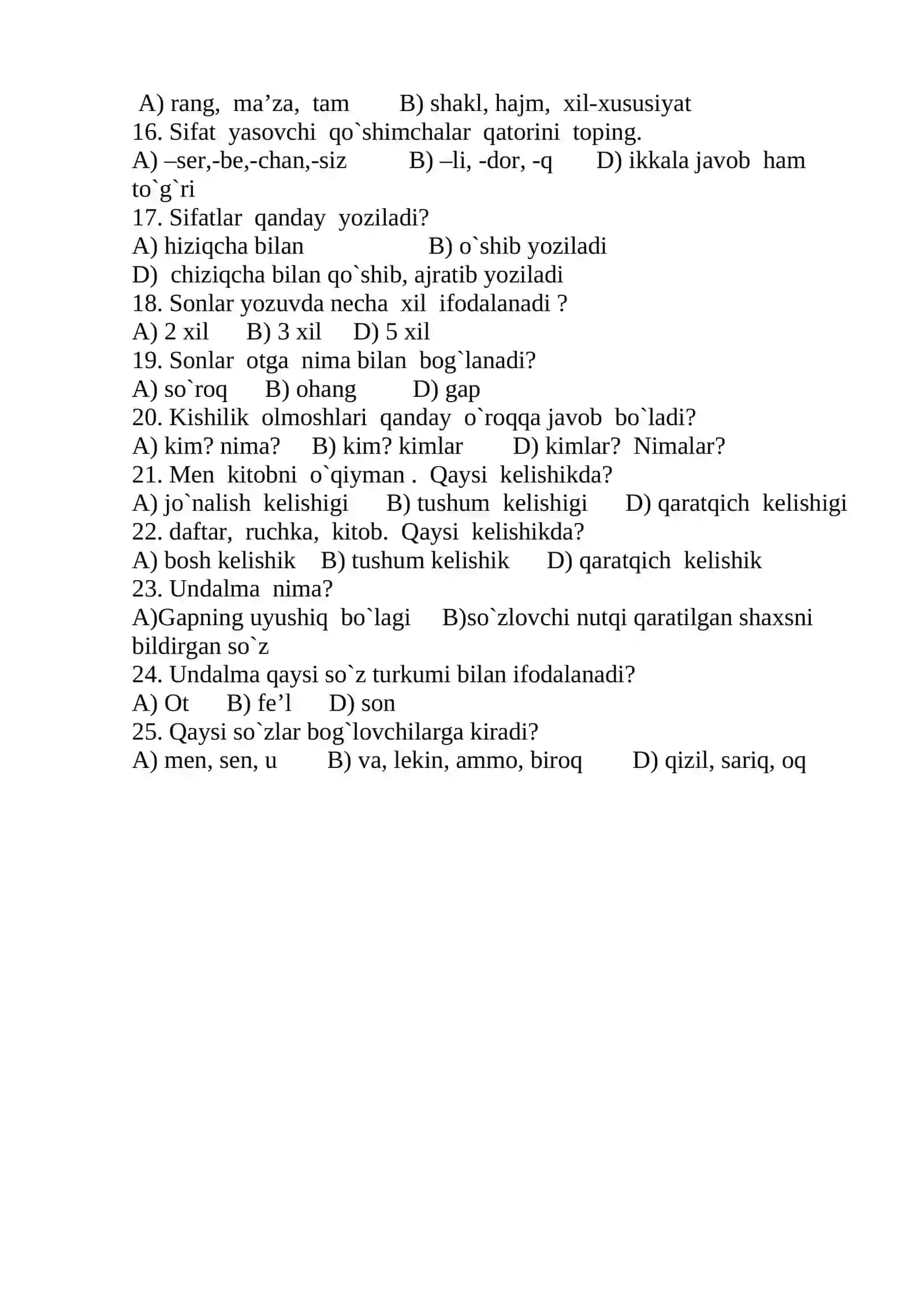 4-sinf Ona tili III-chorak test 2