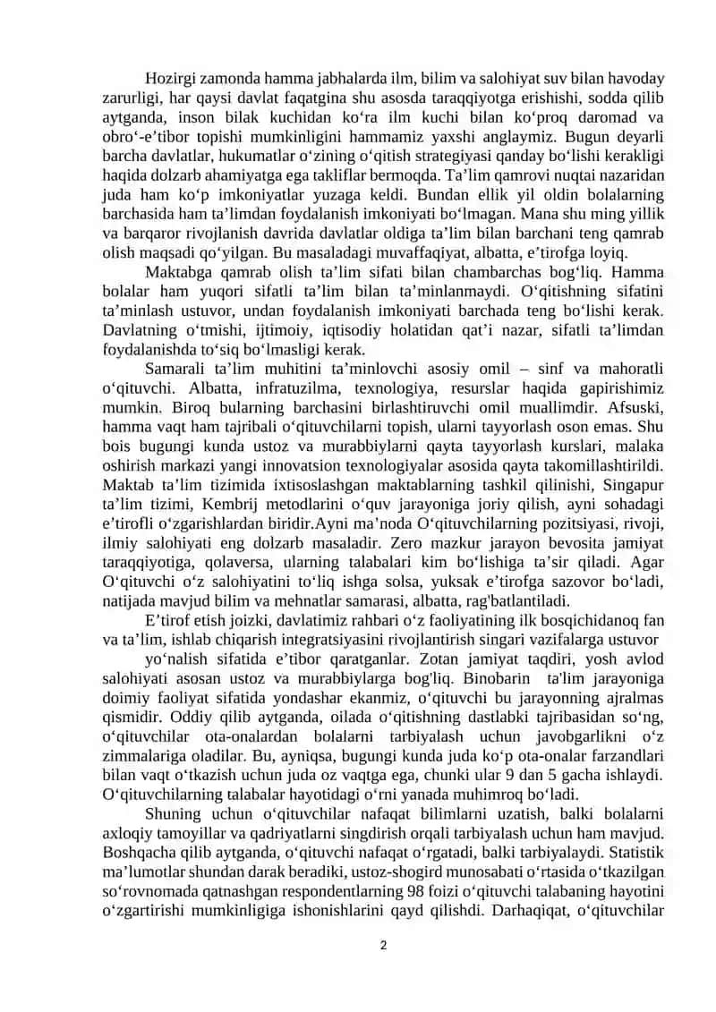 O‘QITUVCHI, MURABBIYLAR YANGI O‘ZBEKISTONNI BARPO ETISHDA KATTA KUCH, TAYANCH VA SUYANCHDIR 2