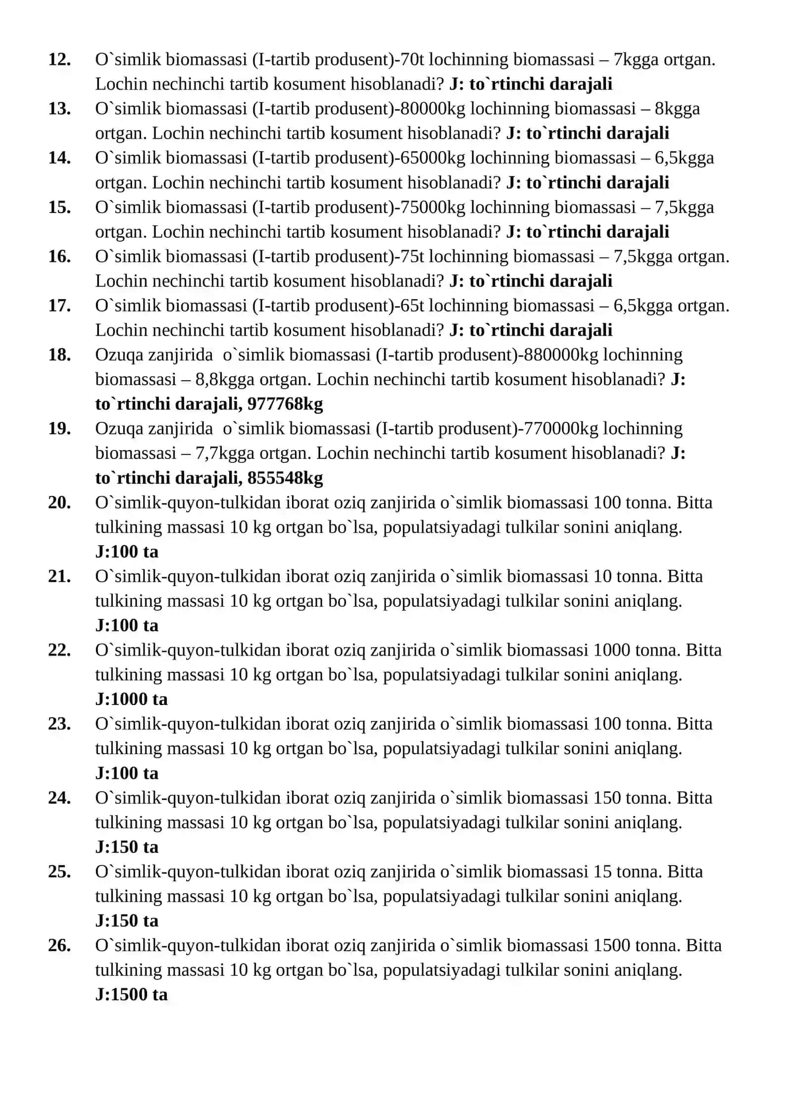 Biologiya test savollari, javoblar bilan 2
