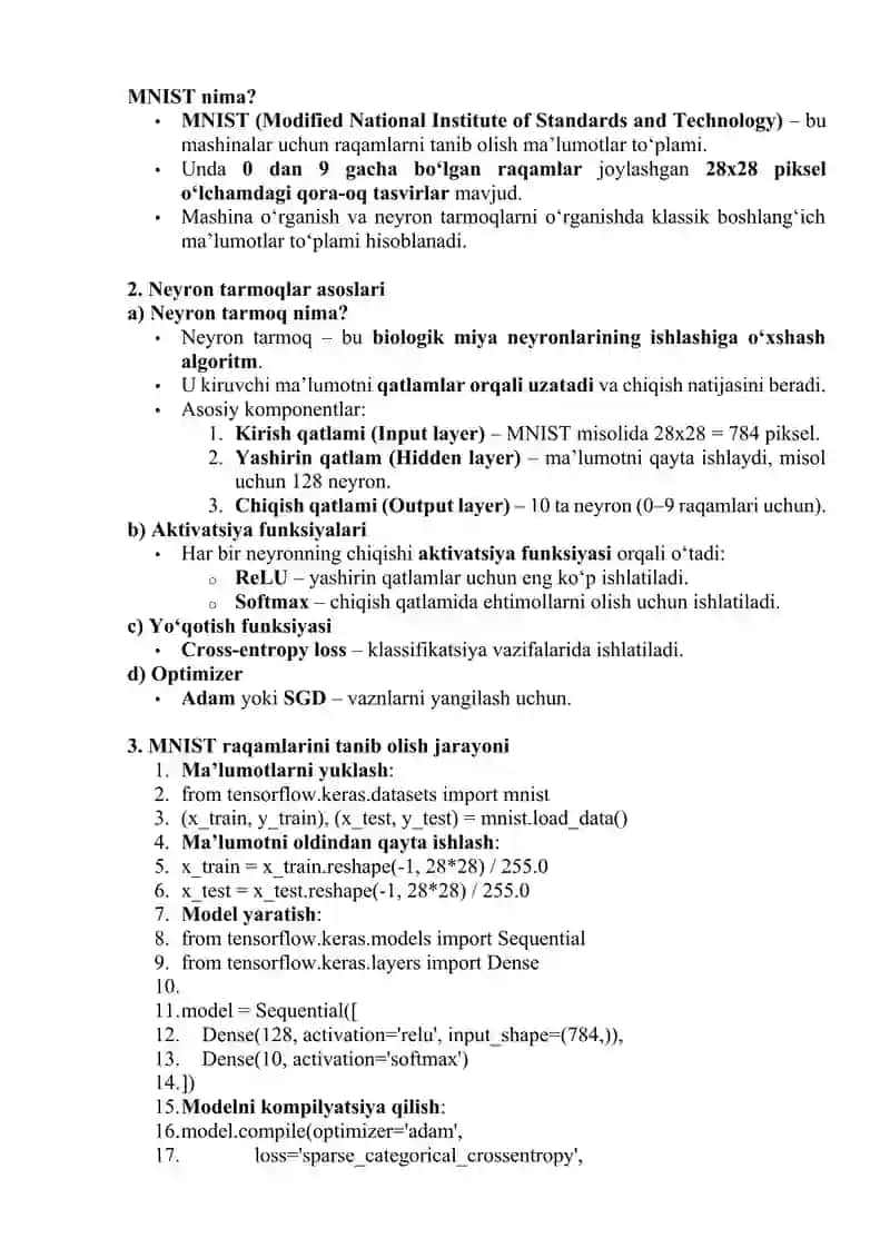 NEYRON TARMOQLAR ASOSLARI MNIST RAQAMLARINI TANIB OLISH 2