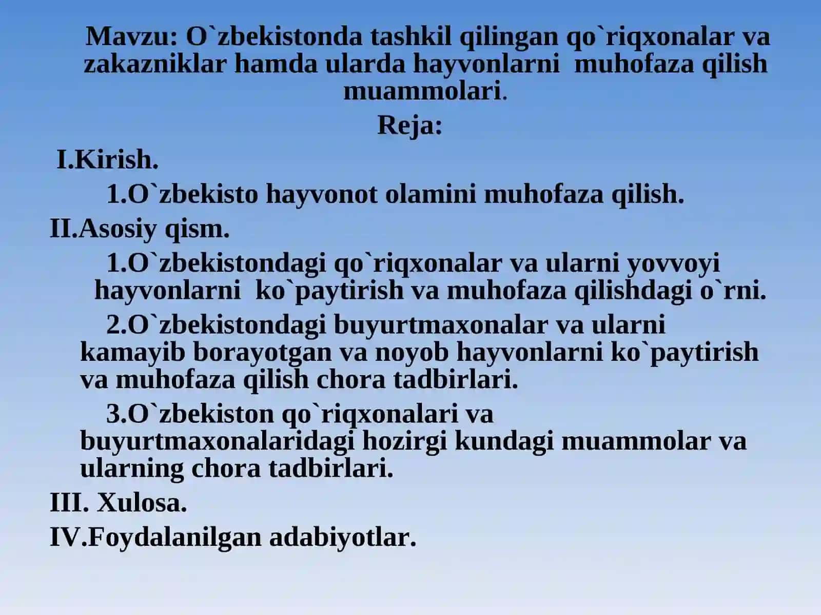 O`zbekistonda tashkil qilingan qo`riqxonalar va zakazniklar hamda ularda hayvonlarni muhofaza qilish muammolari 2