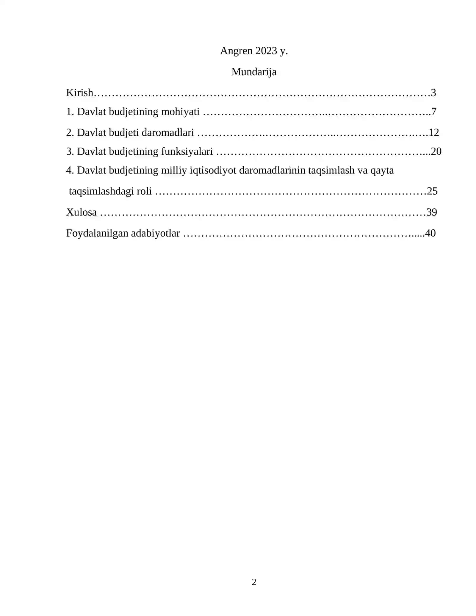“Davlat byudjetining milliy iqtisodiyot daromadlarini taqsimlash va qayta taqsimlashdagi roli” KURS ISHI 2