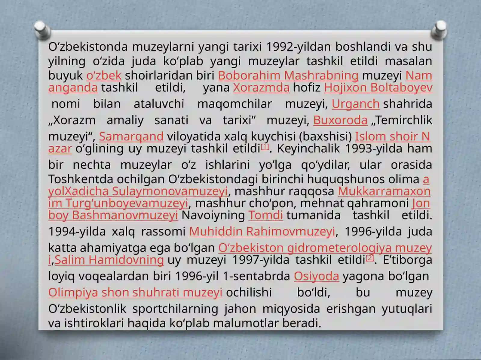O‘rta Osiyoda muzeylarning shakllanish tarixi . O‘zbekistonda muzey va muzeylar ishi 2