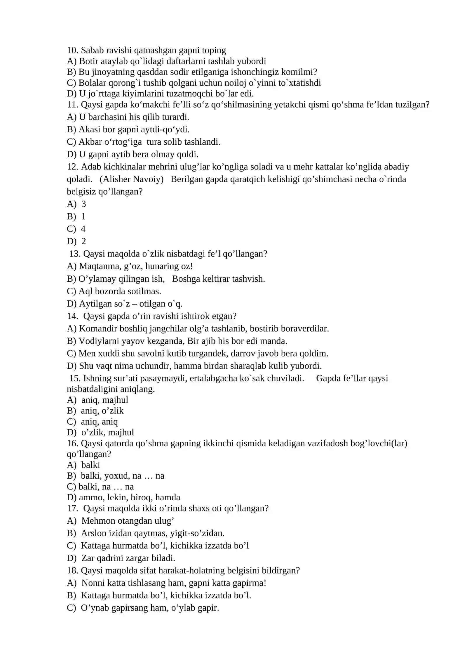Ona tili, o`qish savodxonligi va uni o`qitish metodikasi fanidan test (110 ta) 2