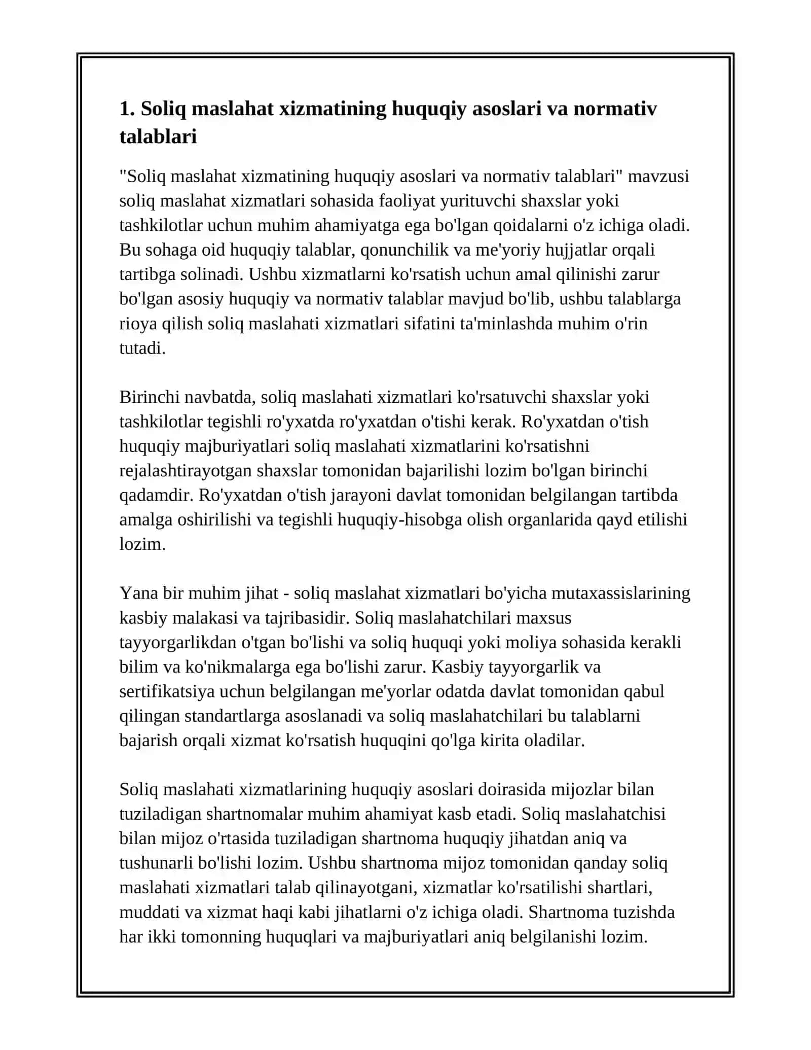 SOLIQ MASLAXATI BO'YICHA XIZMATLAR VA ULARNING O'ZIGA XOS JIHATLARI 2