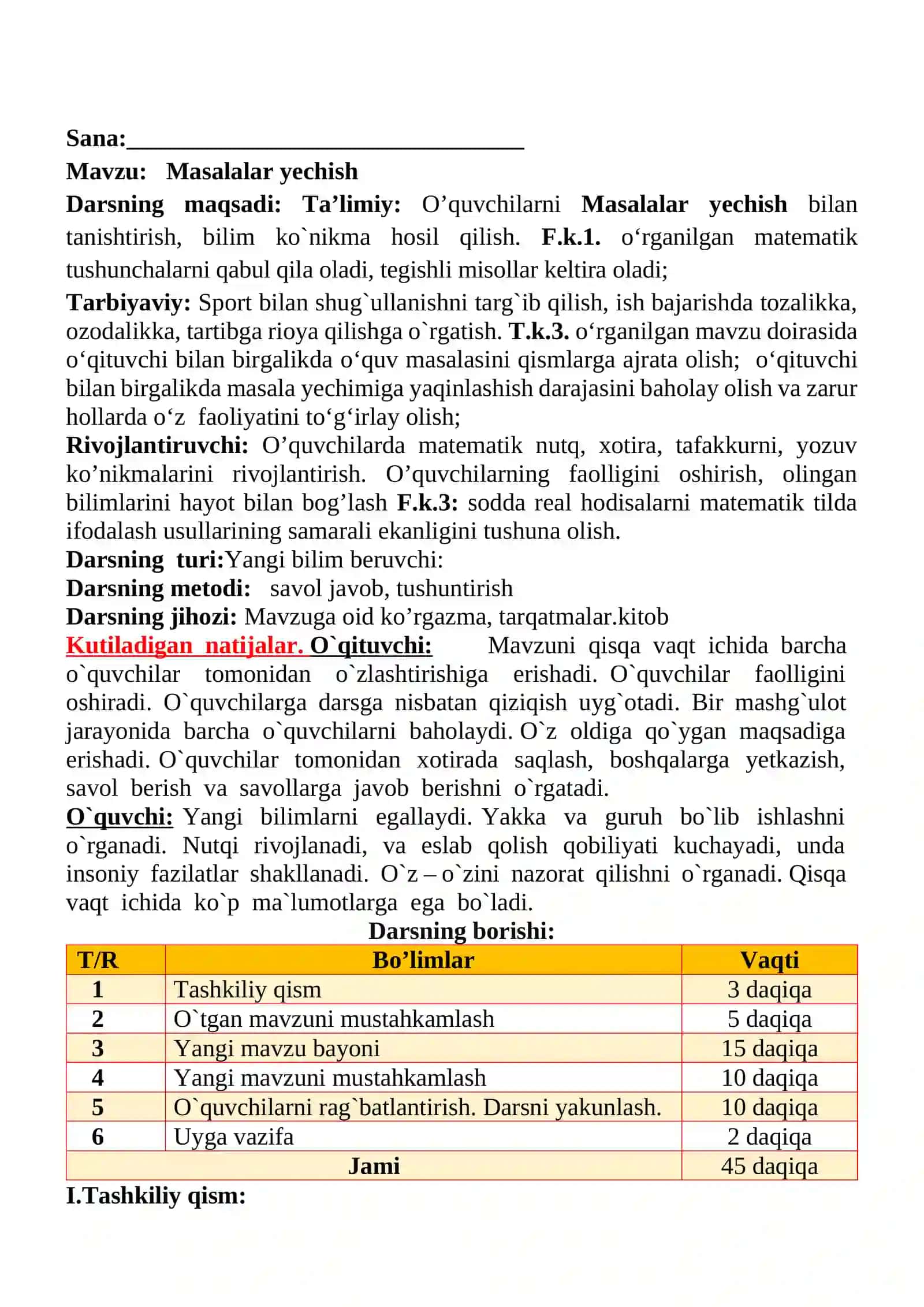 Masalalar yechish mavzusida 4-sinf Matematika fanidan dars ishlanmasi 2
