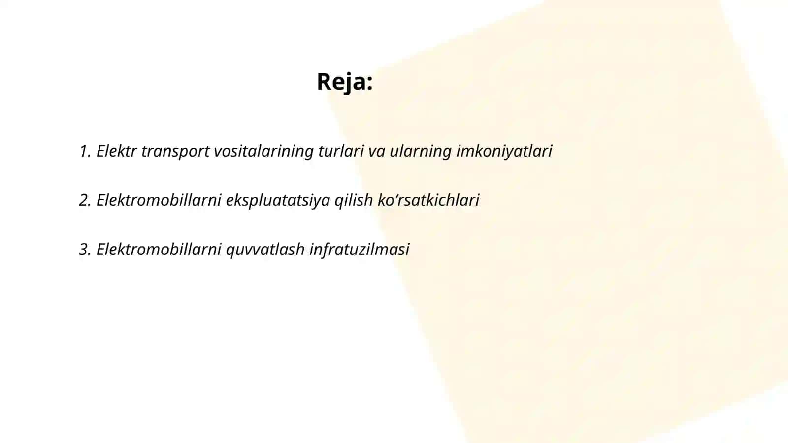 Elektromobil avtomobillaridan foydalanish imkoniyatlari ularning ekspluatatsion koʻrsatkichlarini oʻrganish 2
