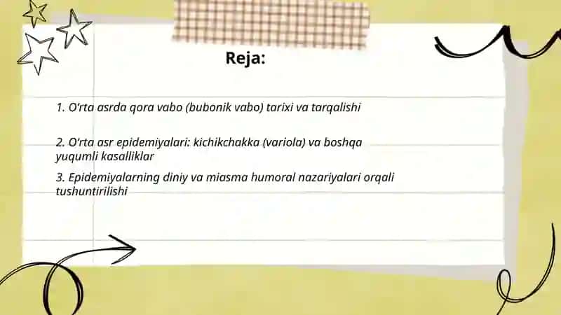 Oʻrta asrlardagi epidemiyalar va ularga qarshi kurashish.Uygʻonish davrida anatomik bilimlarning rivojlanishi 2
