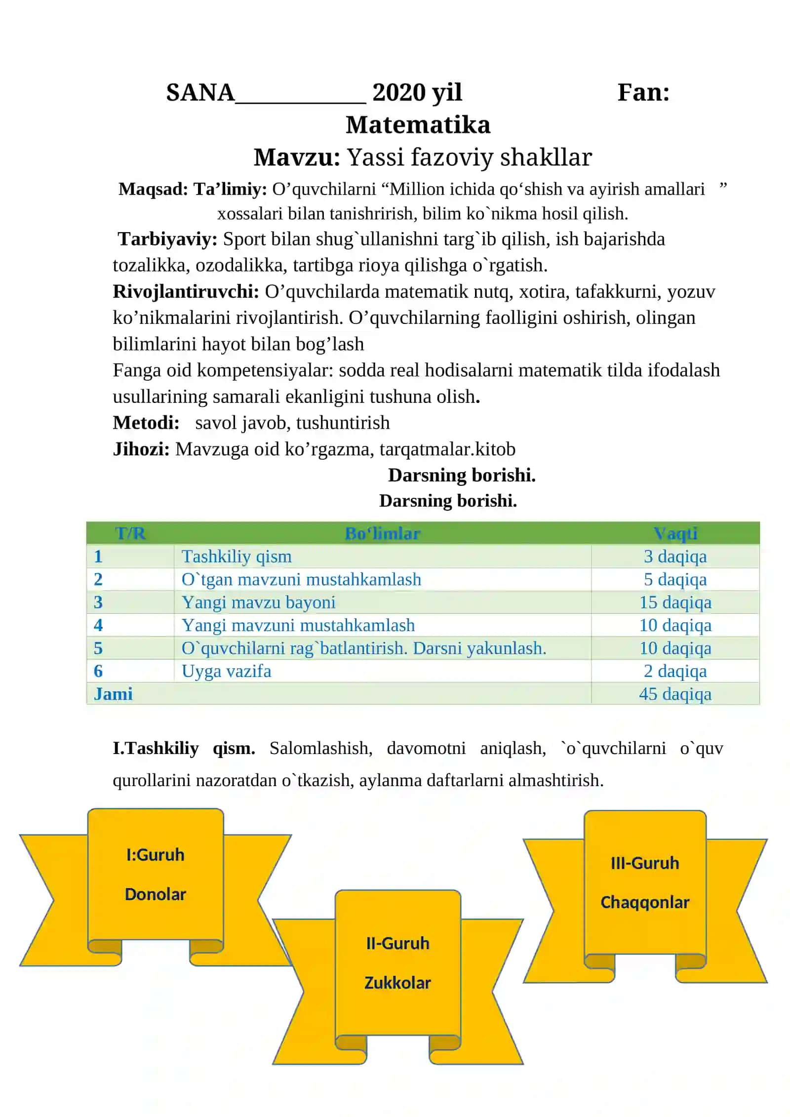 Yassi fazoviy shakllar uchun bir soatlik dars ishlanmasi 2