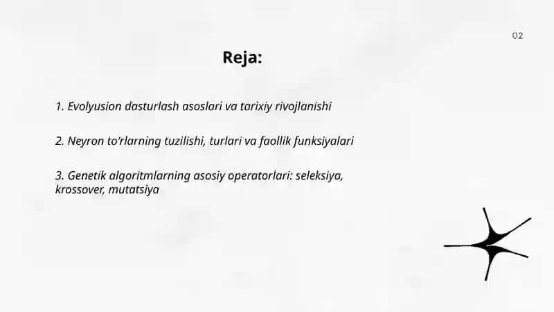 Evolyusion dasturlash. Neyron to'rlar va genetik algoritmlar 2