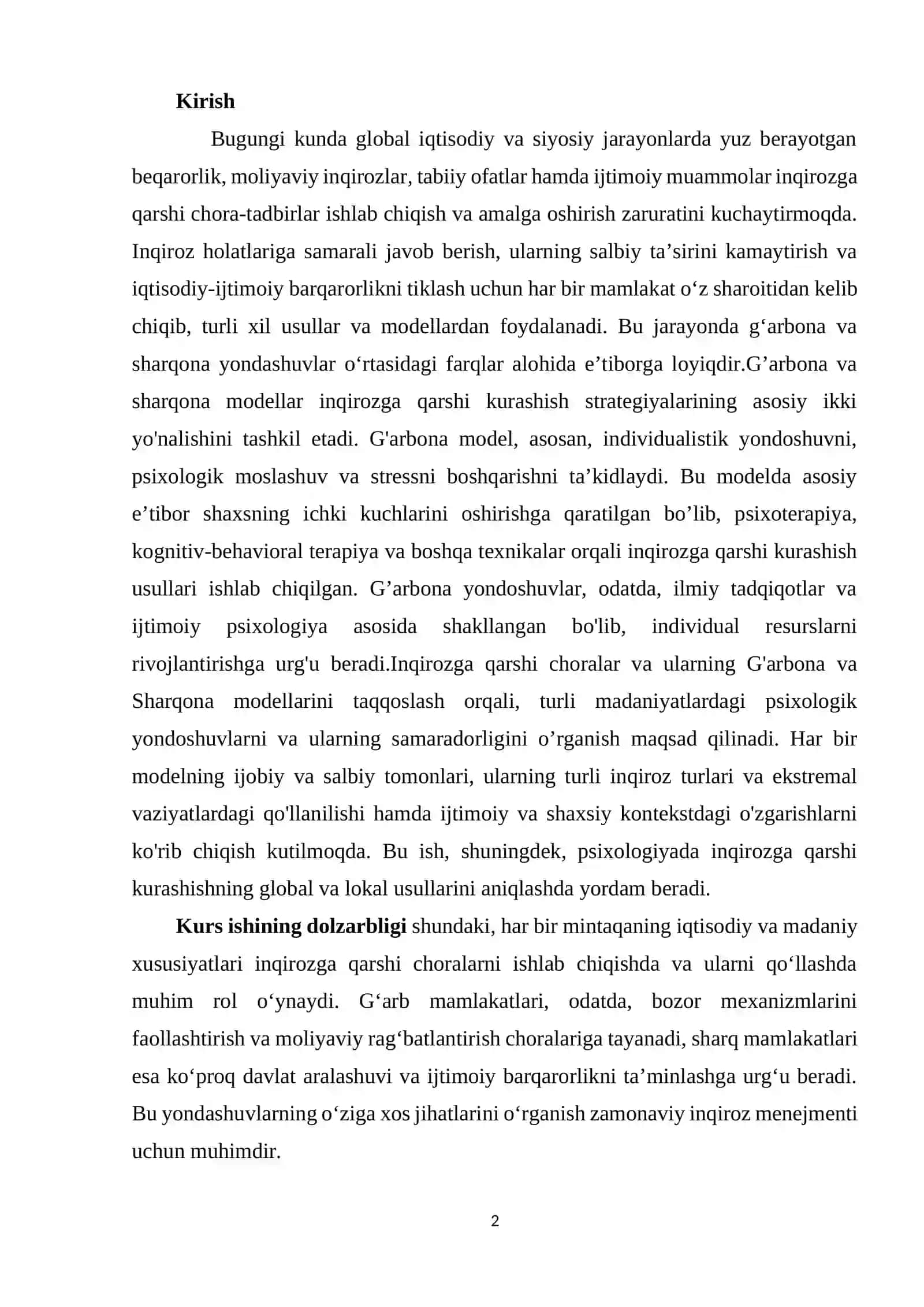 INQIROZGA QARSHI CHORALAR VA ULARNING G'ARBONA HAMDA SHARQONA MODELLARI 2