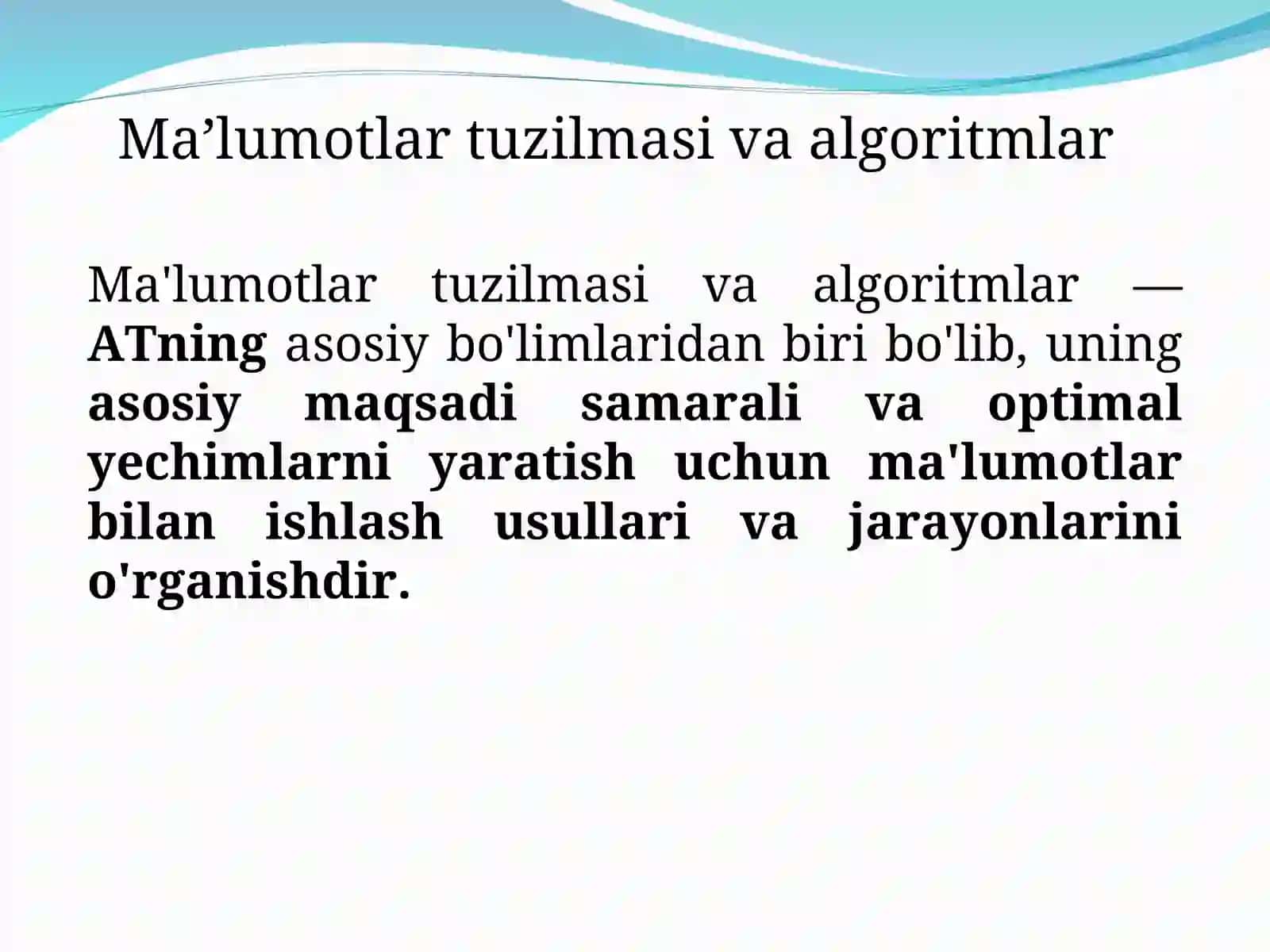 Ma’lumotlar turlari va algoritmlari. Kirish, o‘zgaruvchilar va ma’lumotlarni saqlash tuzilmalari 2