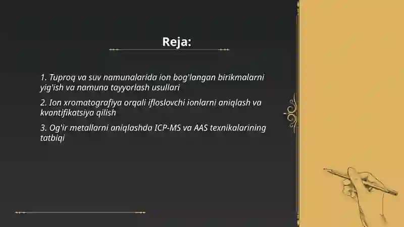 Tuproq va suvning ifloslanishida ion boğlanishli brikmalarini aniqlash 2