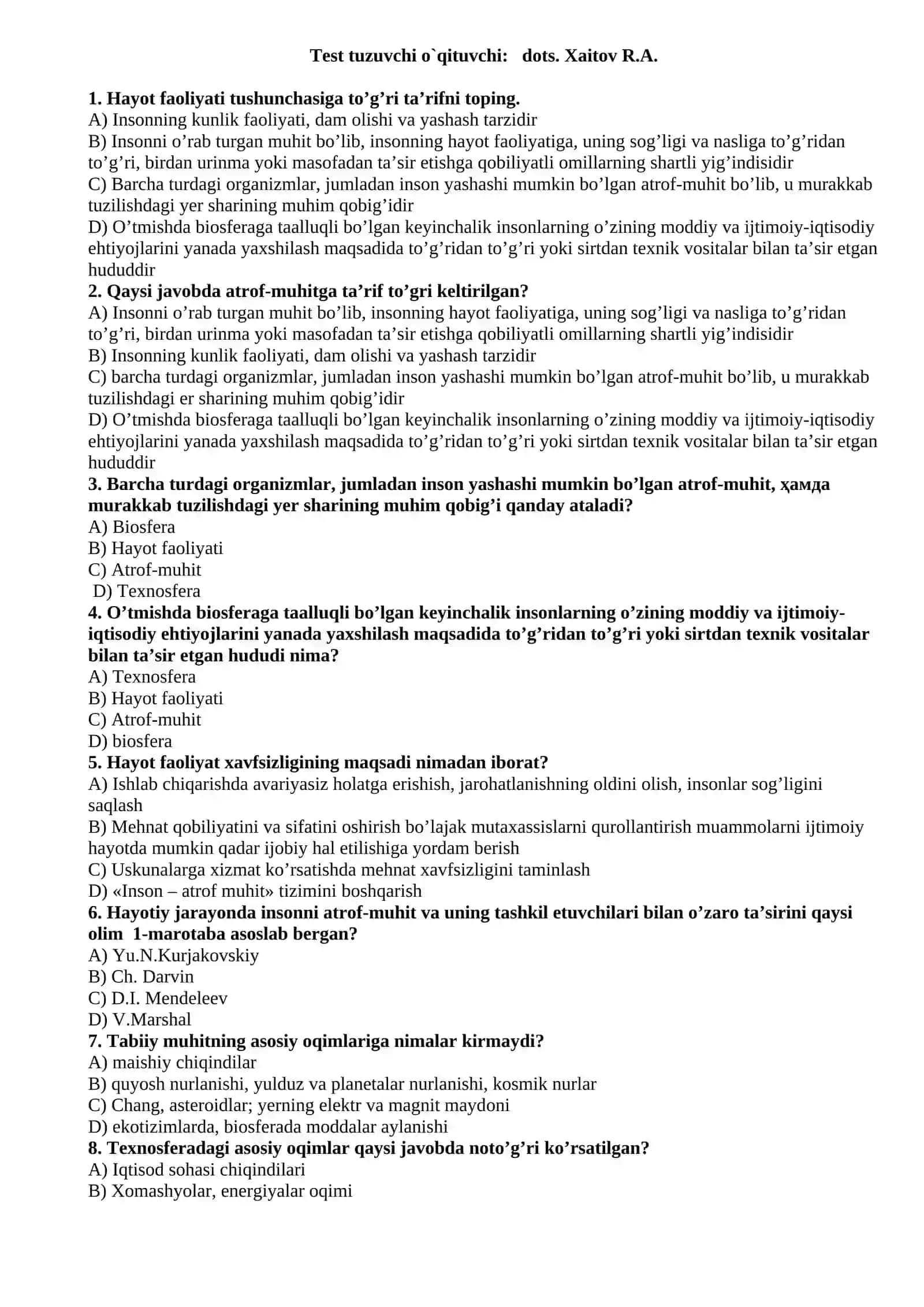 HAYOT FAOLIYATI XAVFSIZLIGI testlar 2