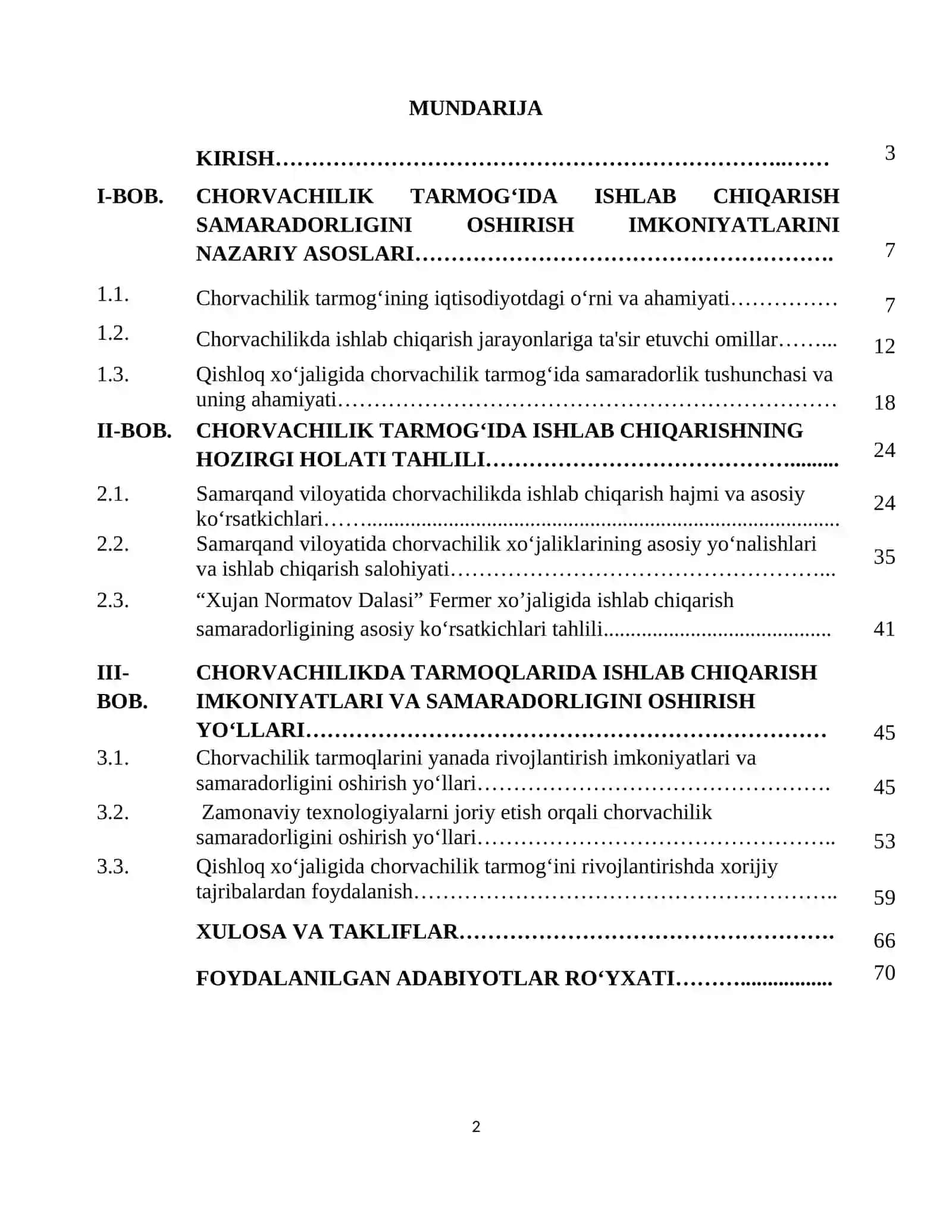Chorvachilik tarmog’ida ishlab chiqarish samaradorligini oshirish imkoniyatlari 2