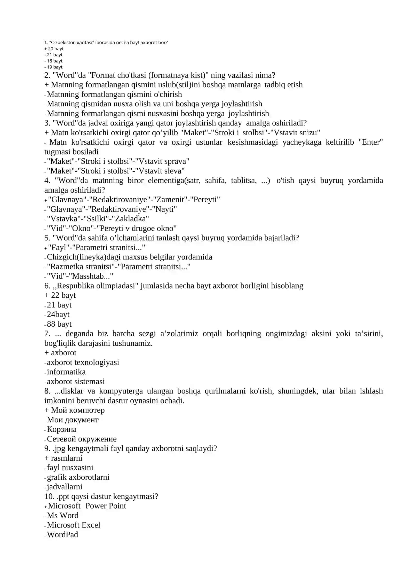 AMALIY INFORMATIKA fanidan yakuniy test savollari (1-kurs) 2