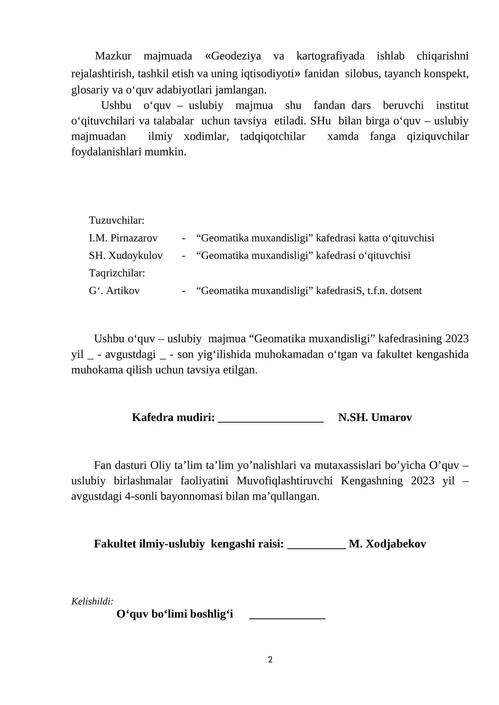 GEODEZIYA VA KARTOGRAFIYADA ISHLAB CHIQARISHNI REJALASHTIRISH, TASHKIL ETISH VA UNING IQTISODIYOTI 2
