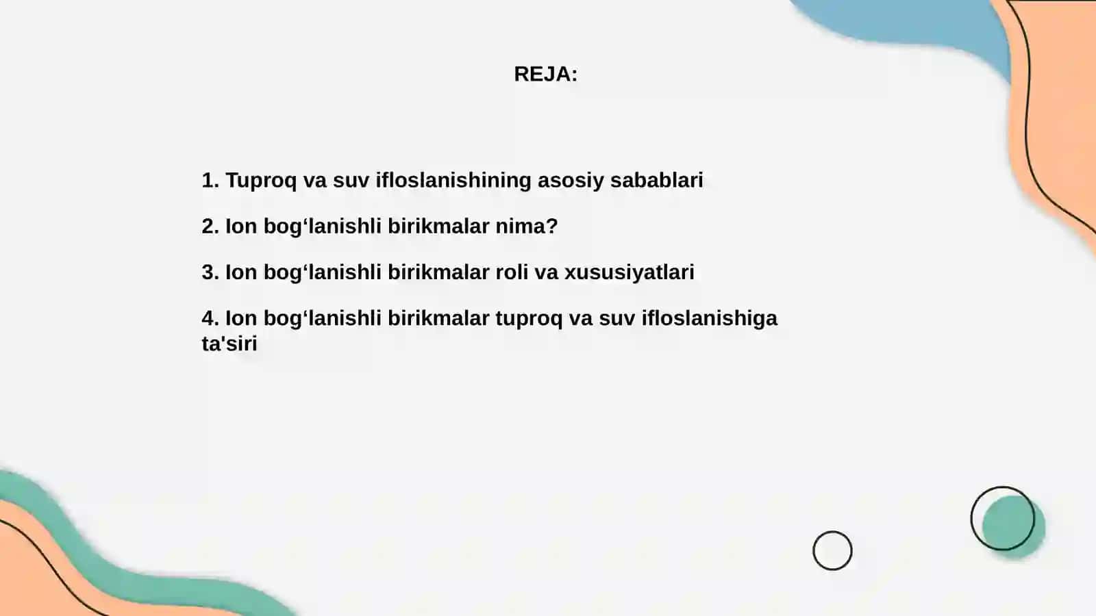 Tuproq va suvning ifloslanishida ion bogʻlanishli birikmalarni aniqlab tuproqdan tozalash usulini ishlab chiqish 2