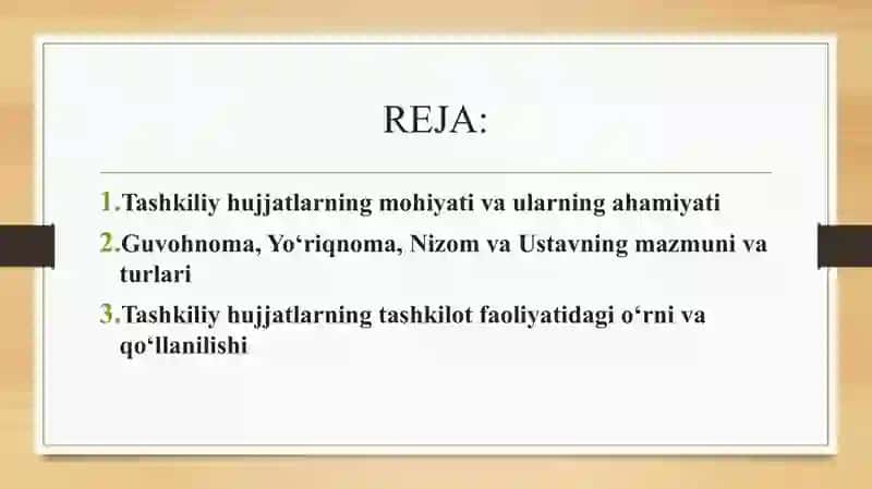 Tashkiliy hujjatlar Guvohnoma, Yo‘riqnoma, Nizom, Ustav 2