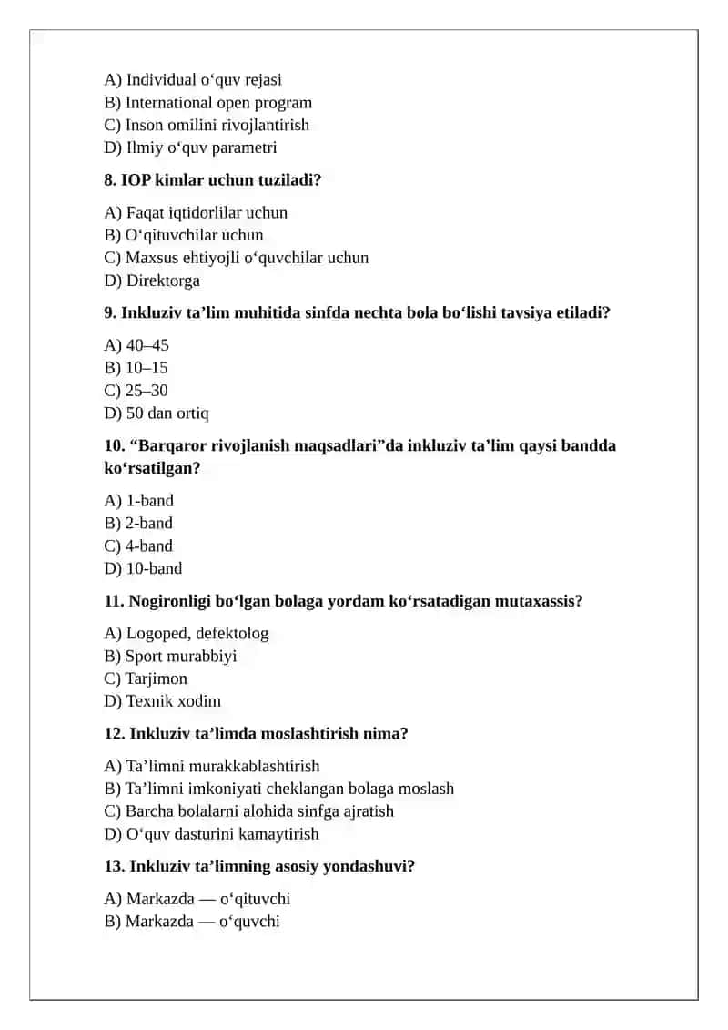 Inkluziv Ta’lim Testlar 2