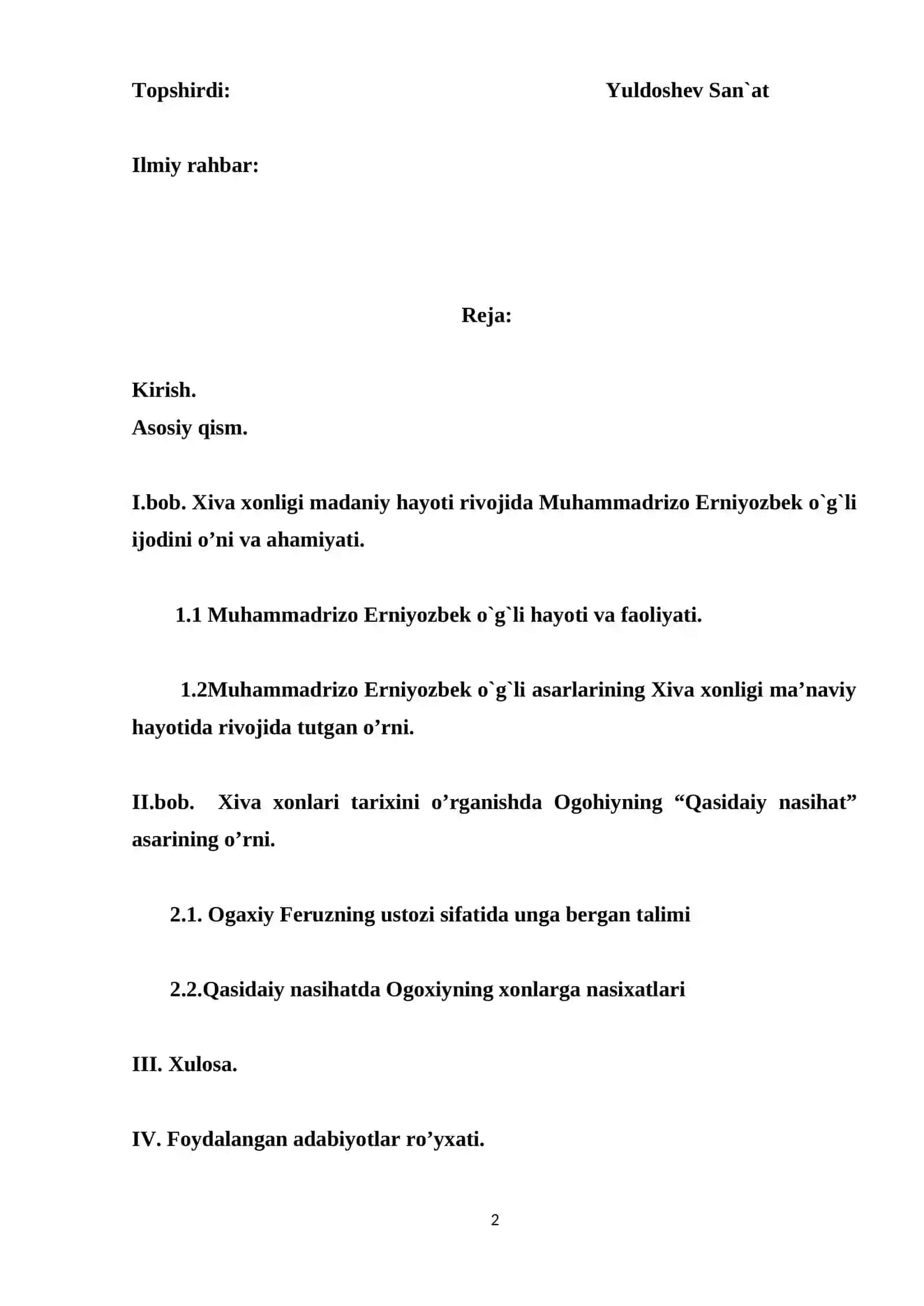 “Qasidaiy nasihat” asarida Ogahiyning xonlarga pand - nasihati 2