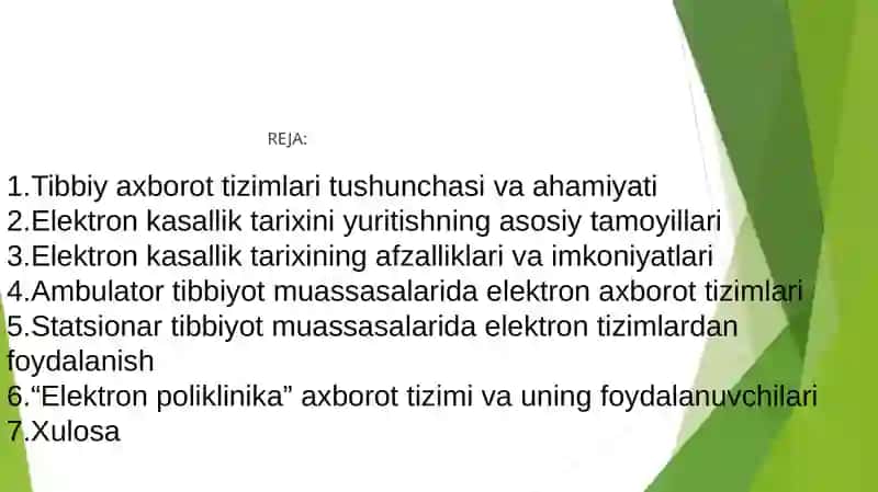 Tibbiy axborot tizimlari. Elektron kasallik tarixini yuritish. Ambulator va statsionar tibbiyot muassasalarida elektron tizimlar. “Elektron poliklinika” axborot tizimi 2