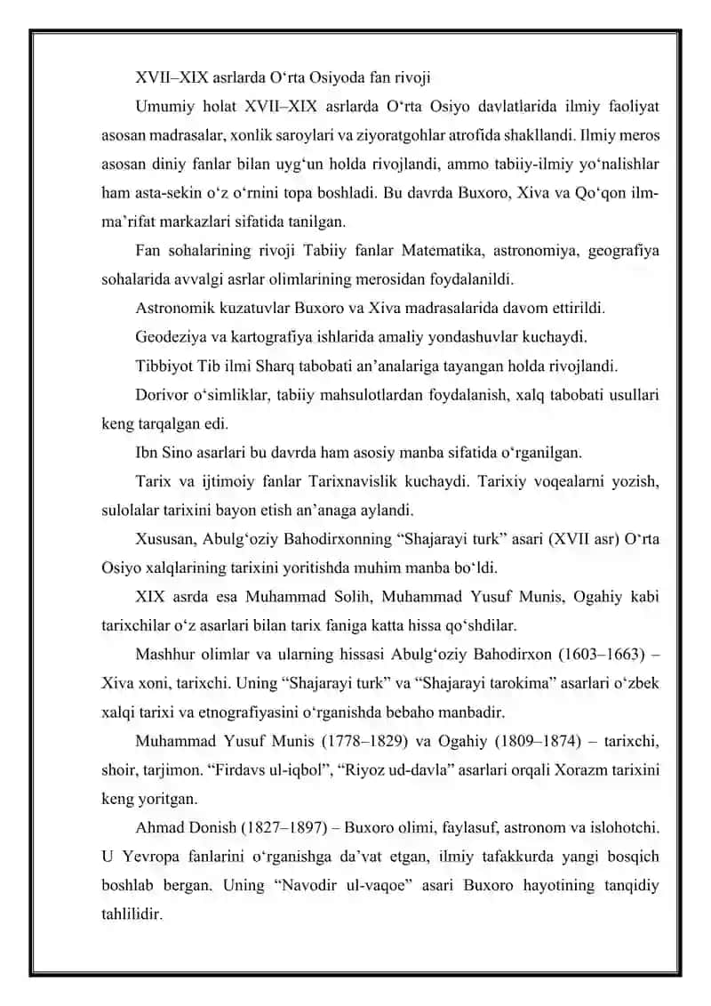 XVII -XIX ASRLARDA O‘RTA OSIYODA FAN 2