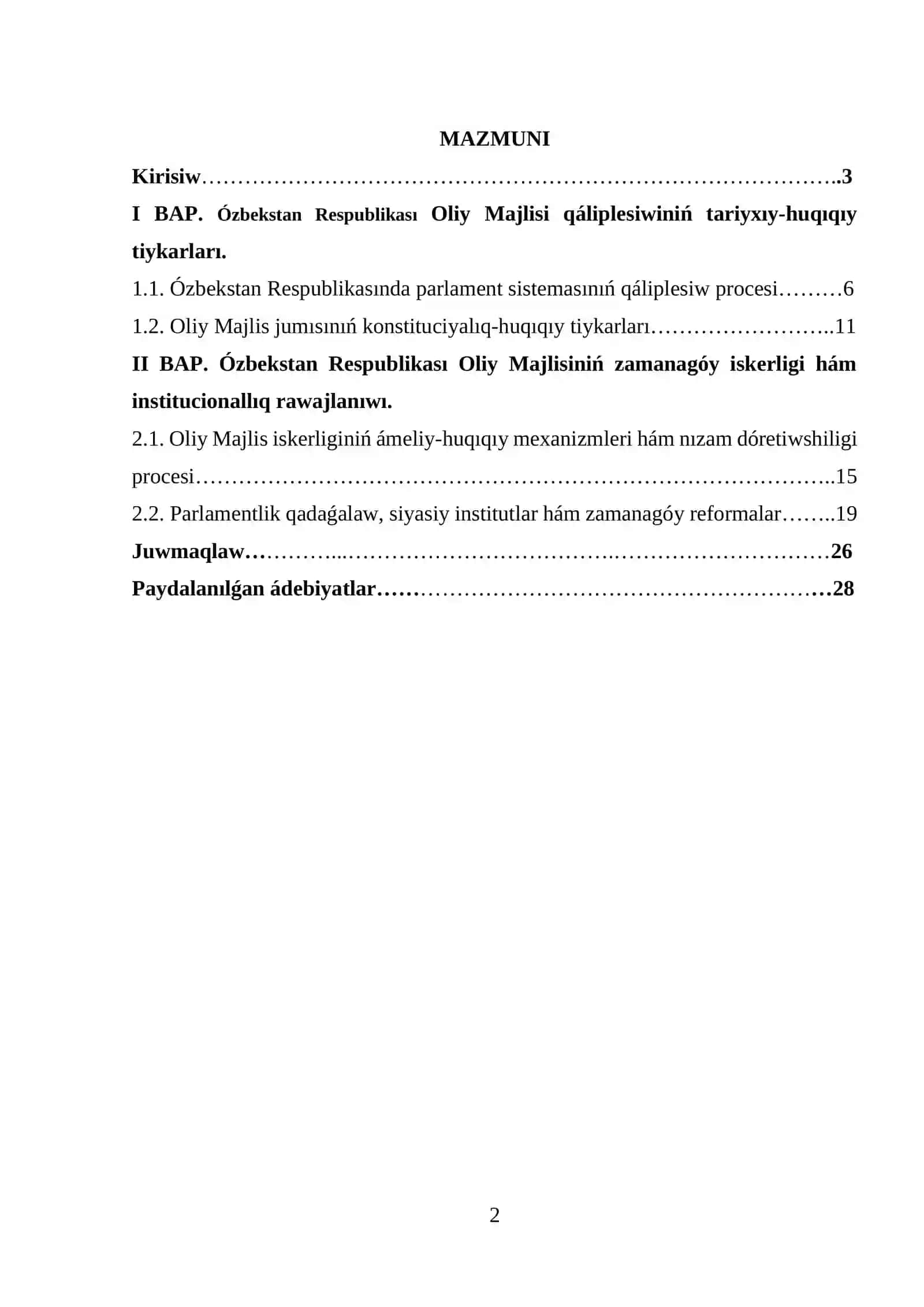 Ózbekstan Respublikası Oliy Majlisi qáliplesiwi 2