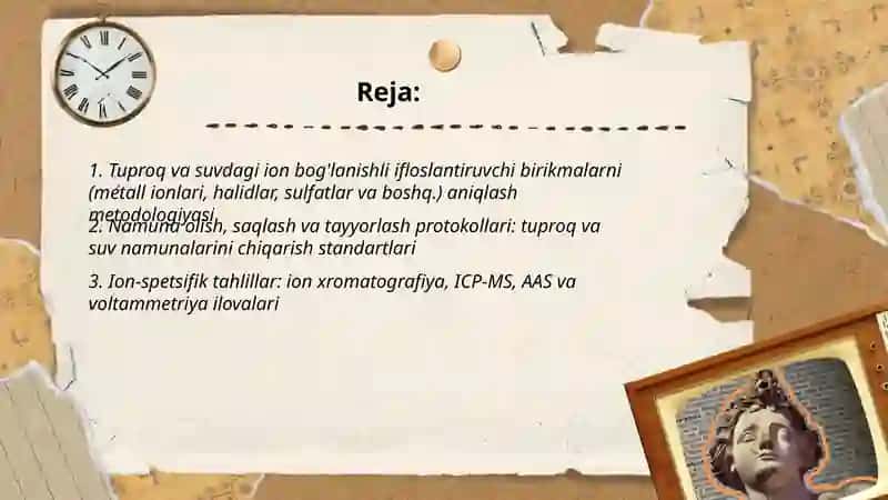 Tuproq va suvning ifloslanishida ion boģlanishli birikmalarni aniqlab, ulardan tozalash usulini ishlab chiqish 2