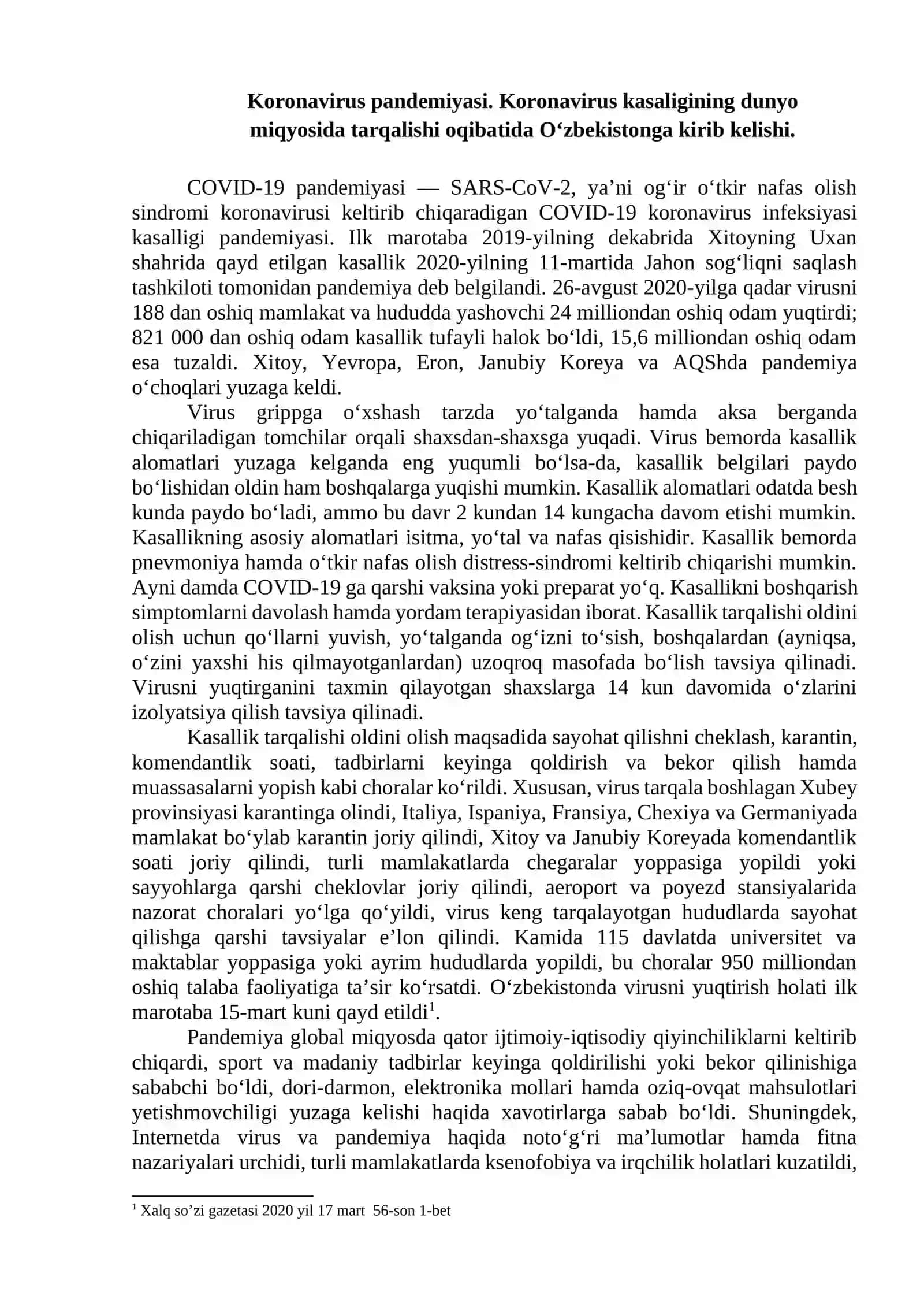 O‘zbekiston Pandemiya sharoitida davlatimizning xalq salomatligini asrash borasidagi samarali faoliyati 2