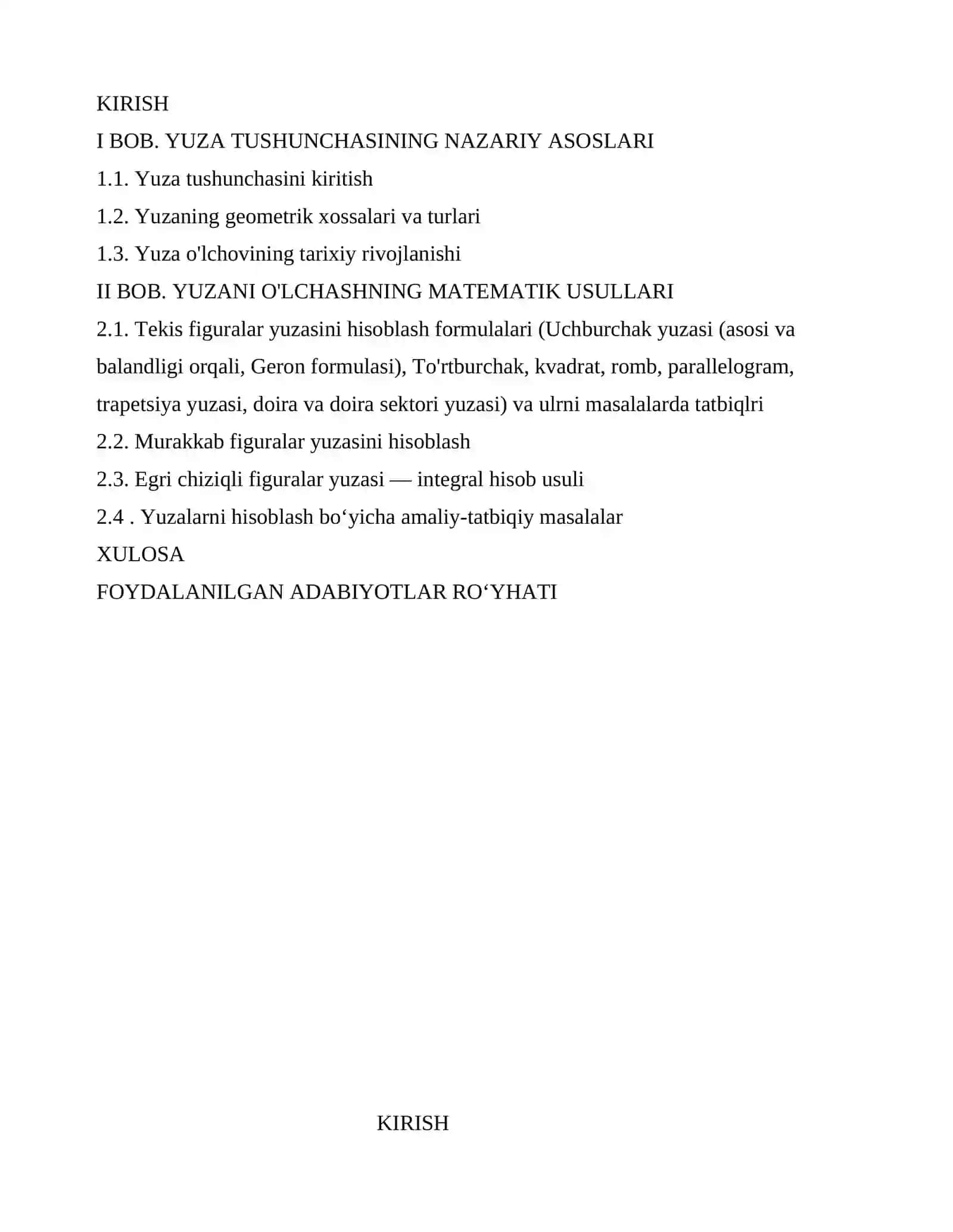 YUZA TUSHUNCHASI VA UNI O'LCHASHNING MATEMATIK USULLARI 2