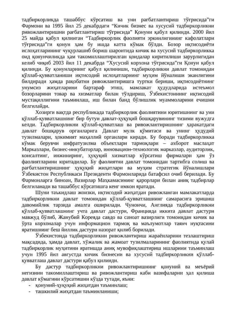 Кичик бизнес ва хусусий тадбиркорлик фаолиятини давлат томонидан қўллаб-қувватлаш ҳамда иқтисодий рағбатлантириш йўналишлари 2