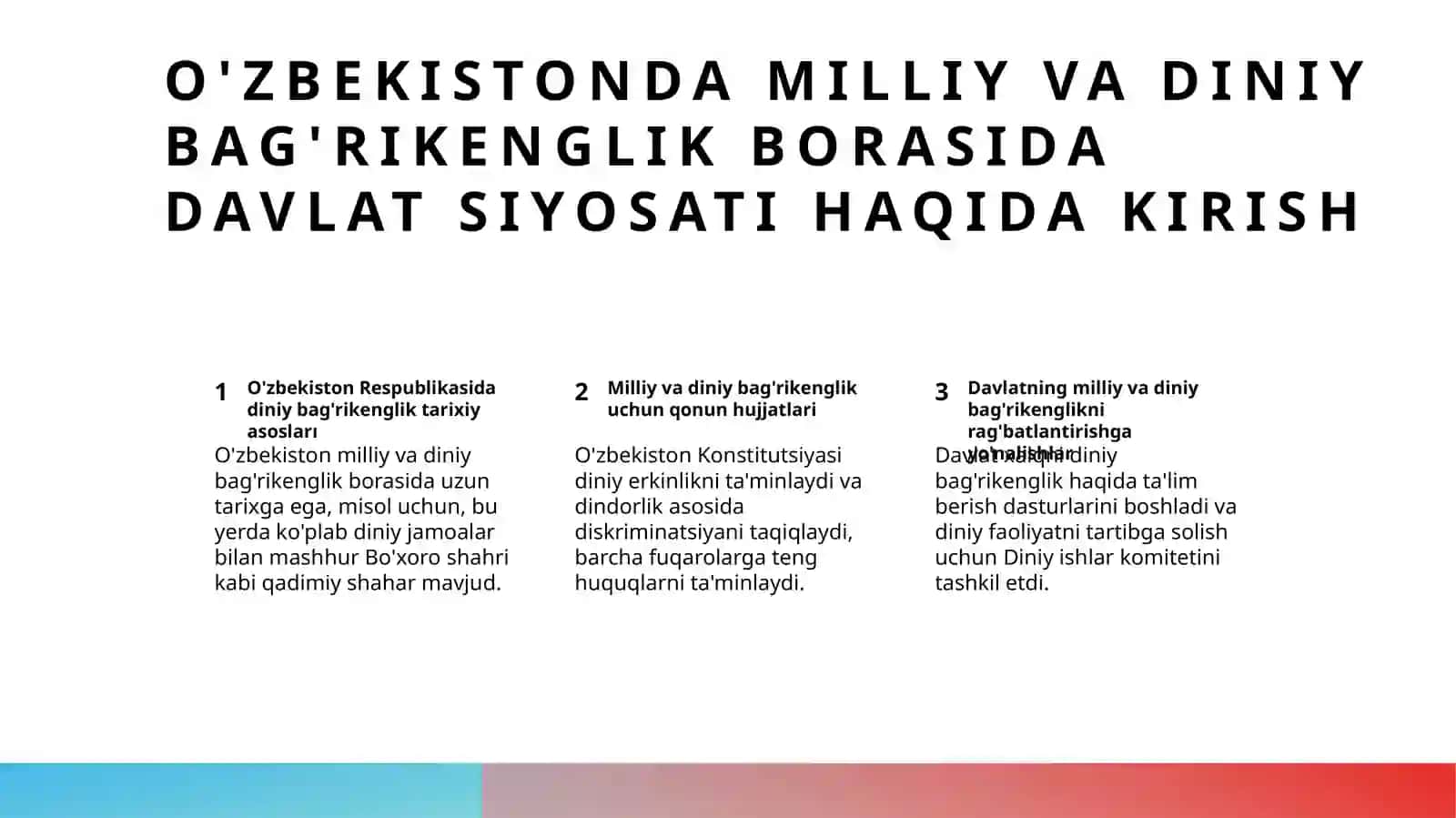 O'zbekiston Respublikasida Milliy va Diniy Bag'rikenglik Borasida Davlat Siyosati 2