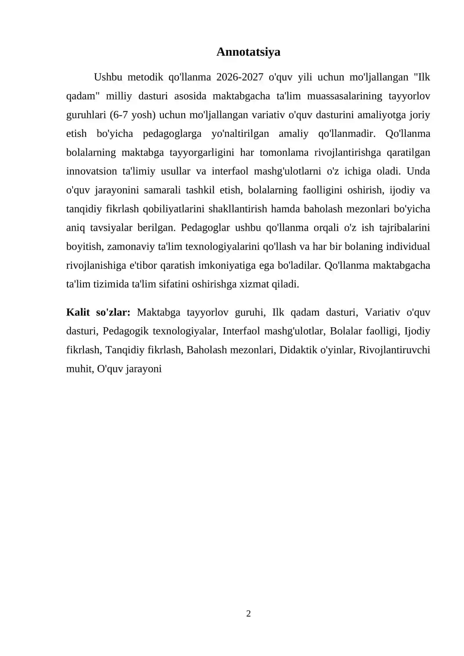 Maktabga tayyorlov (6-7 yosh) guruhining 2026-2027 o'quv yili uchun mo'ljallangan Ilk qadam milliy dasturi asosida variativ o'quv dasturi 2