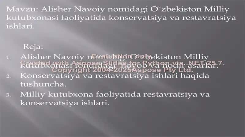 Alisher Navoiy nomidagi O`zbekiston Milliy kutubxonasi faoliyatida konservatsiya va restavratsiya ishlari 2