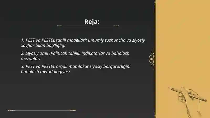PEST va PESTEL tahlil modellarining siyosiy xavflarni baholashdagi ahamiyati. 2