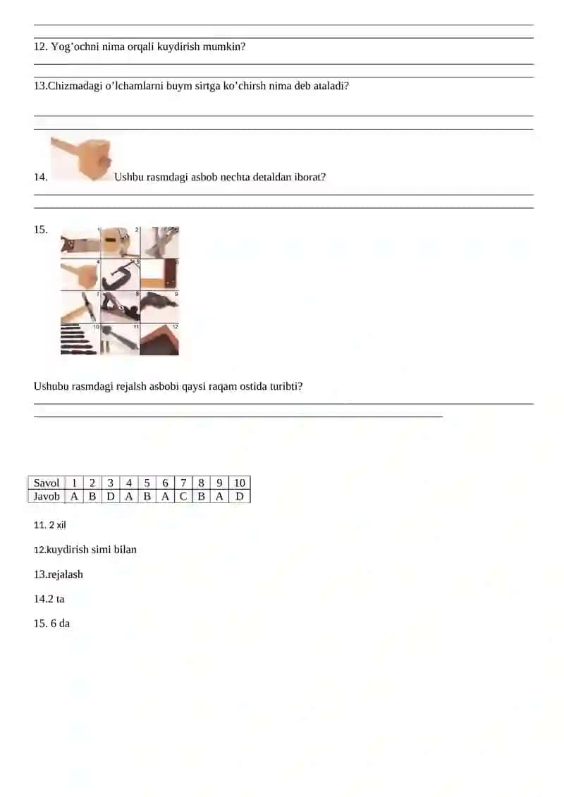 5-sinf uchun texnologiya fanidan I chorak test savollari jamlangan 2