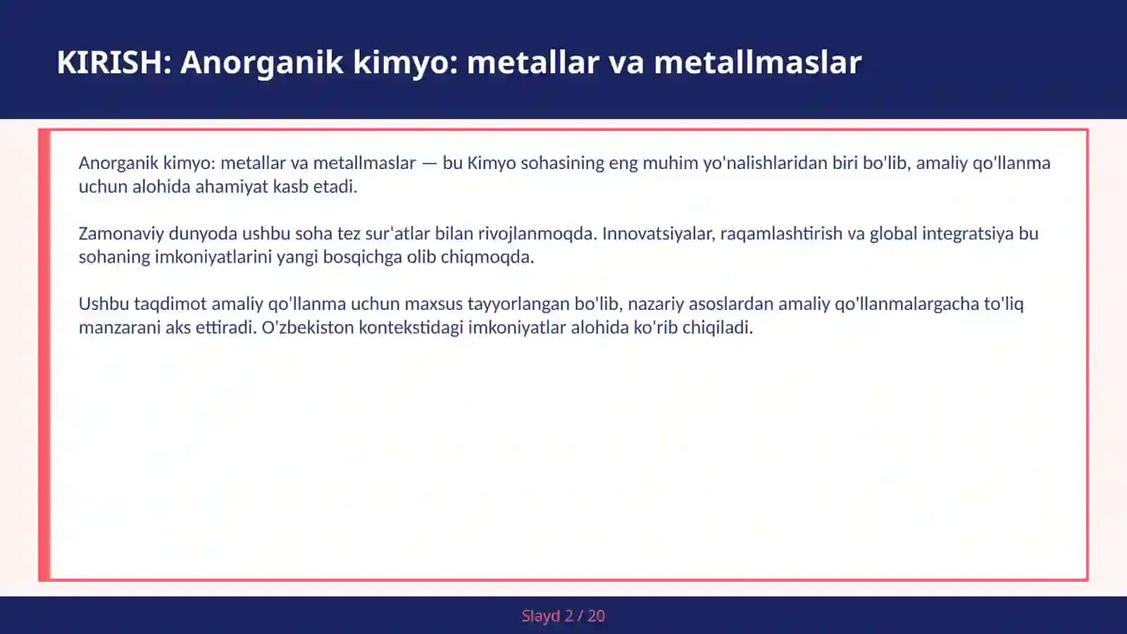 Anorganik Kimyo: Metallar va Metallmaslar 2